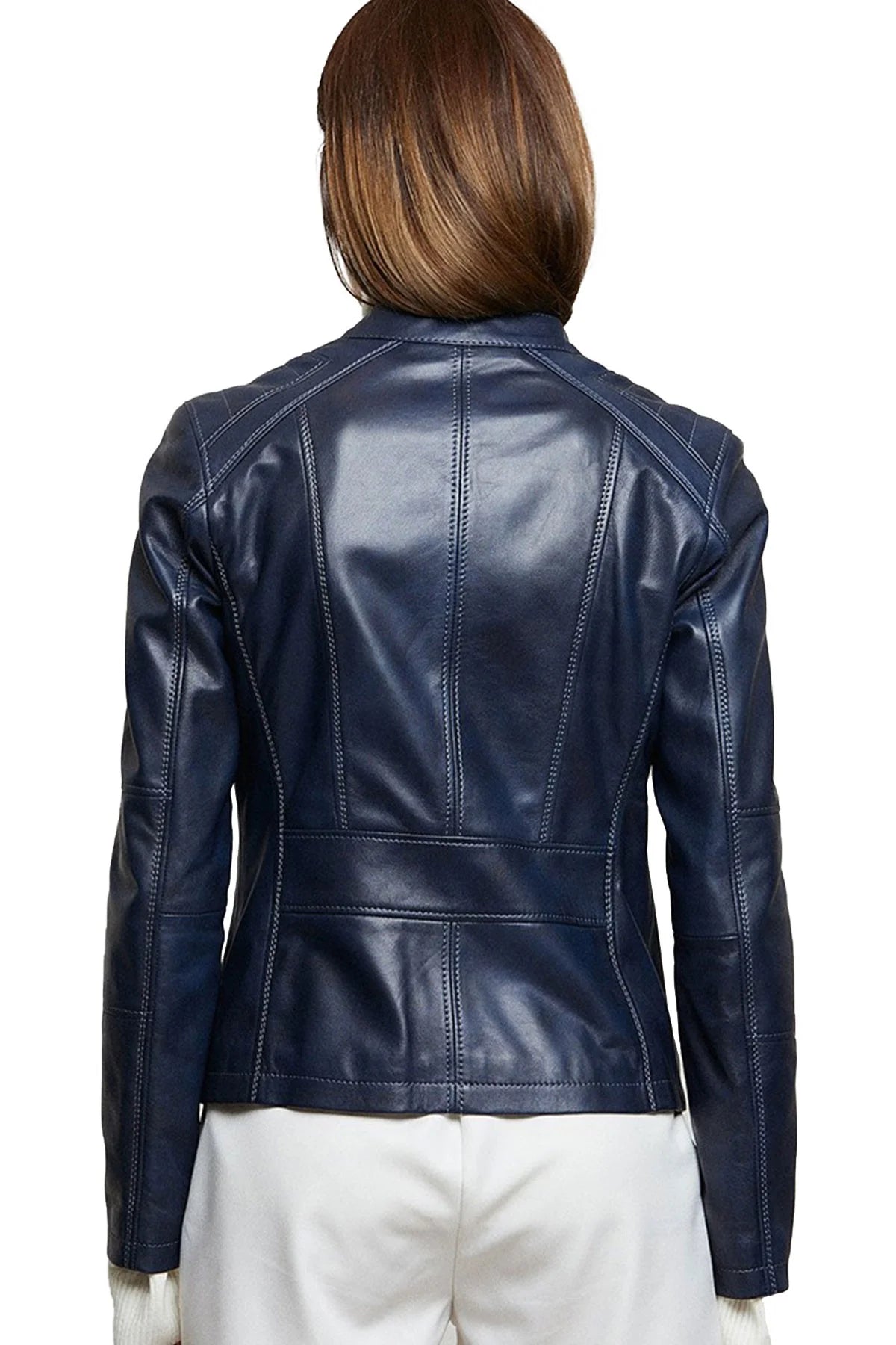 Stephanie Fit Blue Leather Jacket For Women