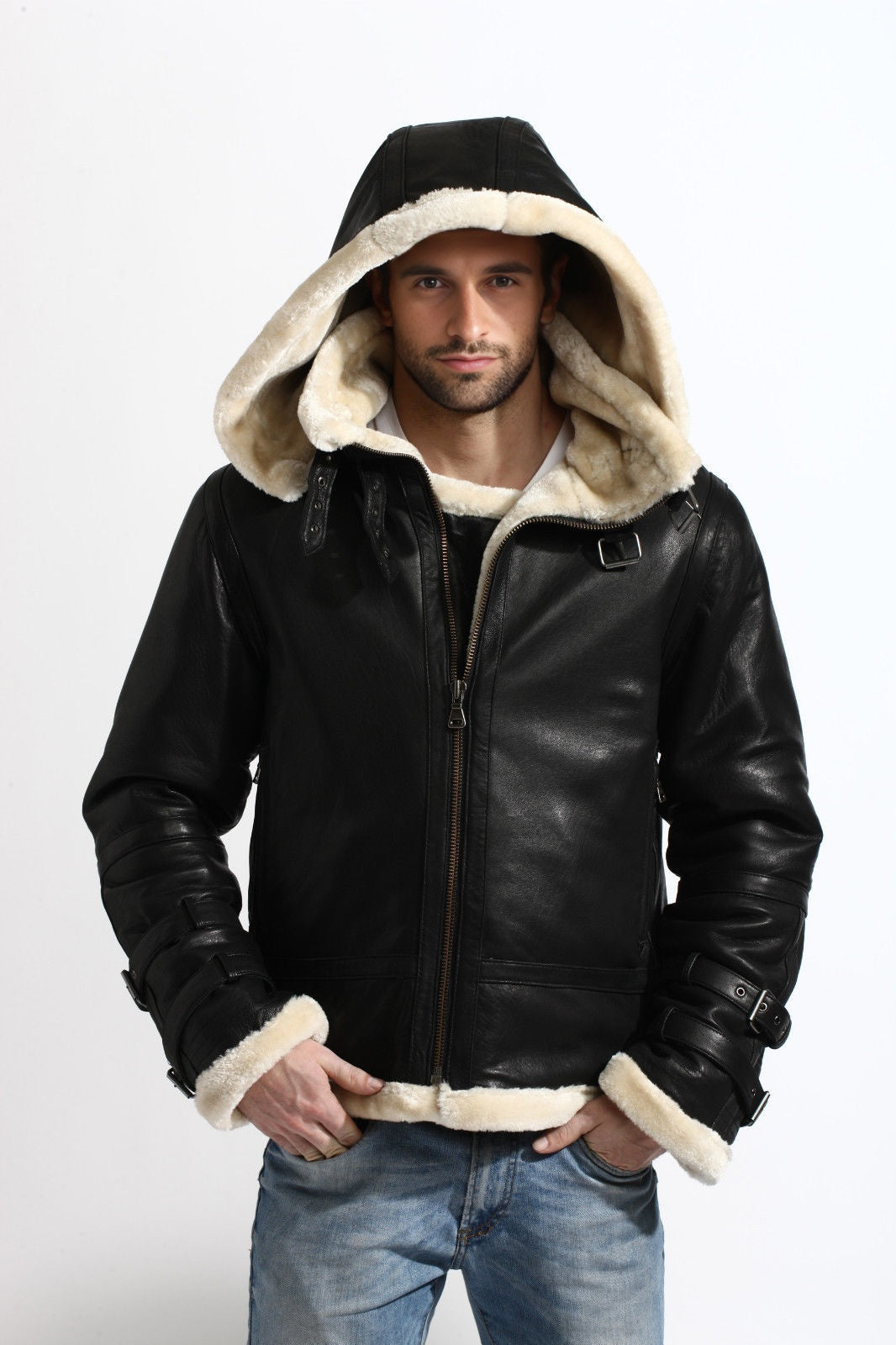 Tom B3 Fur Distressed Men Black Leather Jacket