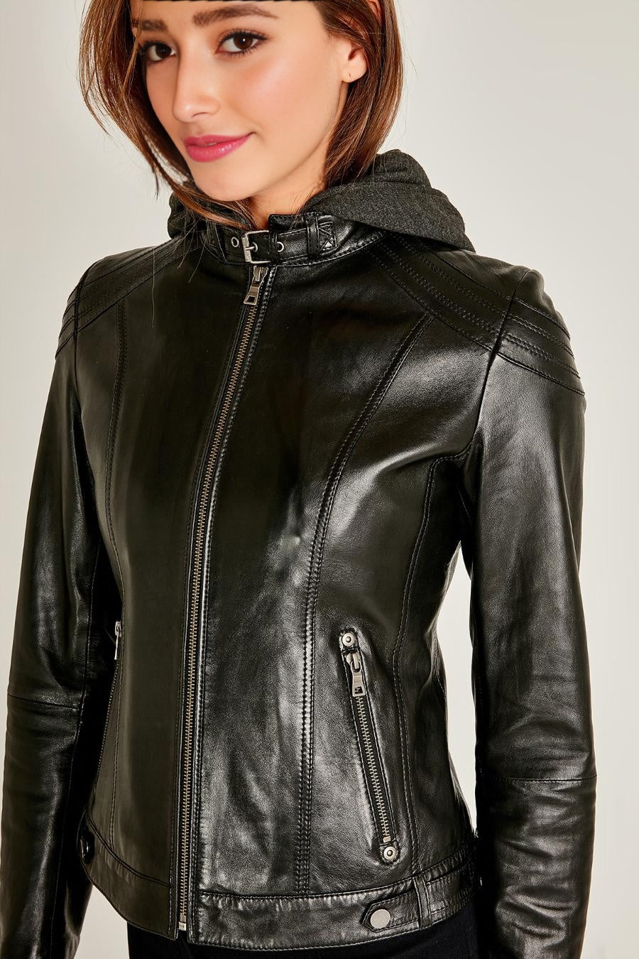 Vegas Black Motor Bike Leather Jacket With Hood For Women