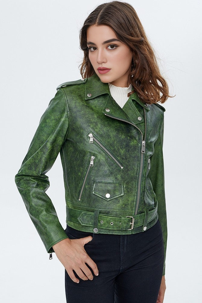 Caroline Green Waxed Biker Leather Jacket For Women's