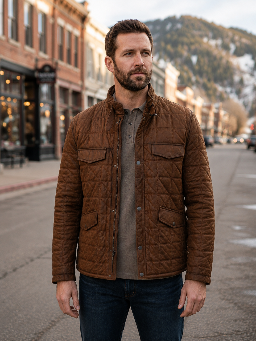 Jack Quilted Brown Leather Jacket For Men