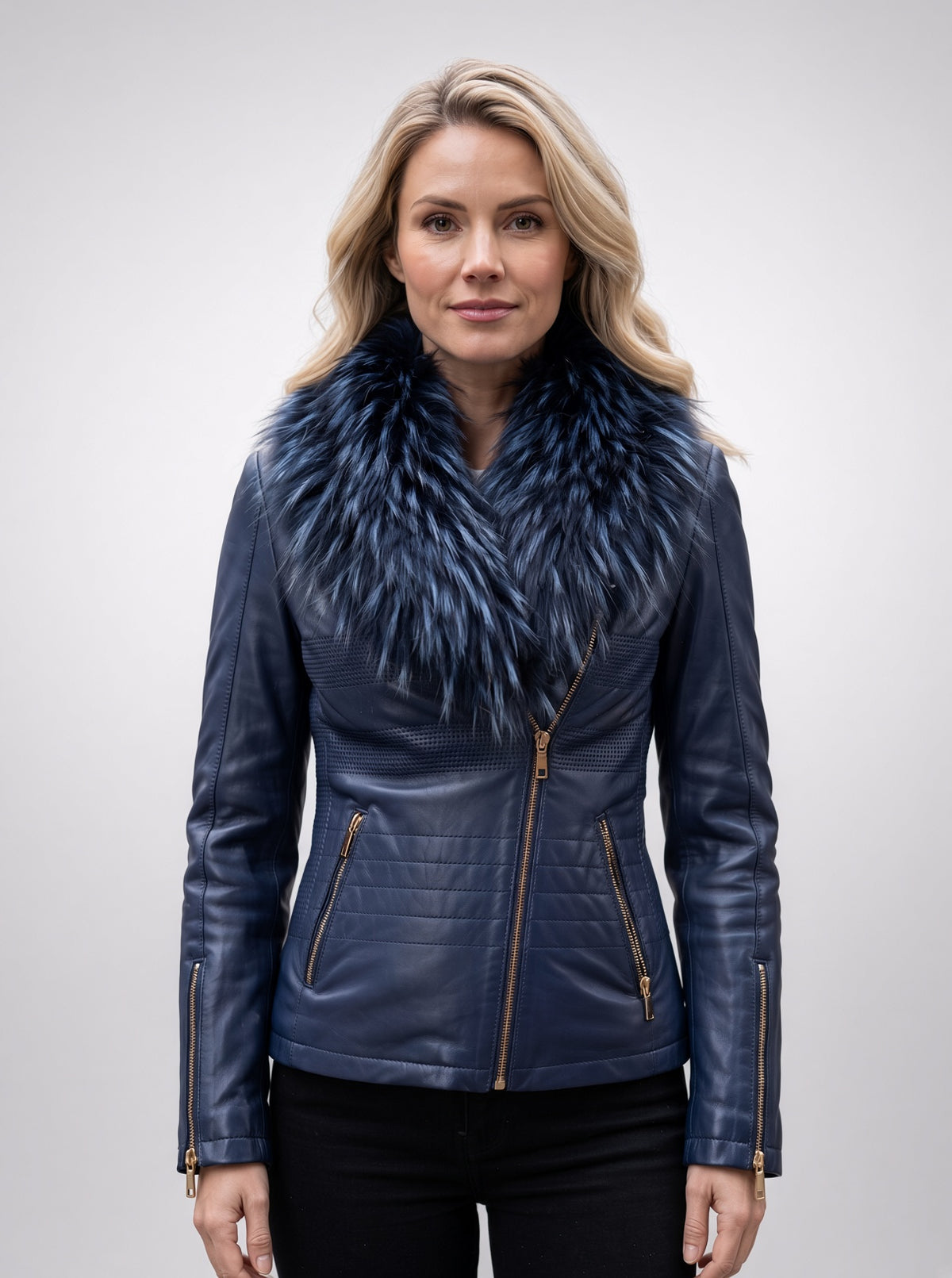 Jasmine Women Blue Leather Jacket With Fur Collar