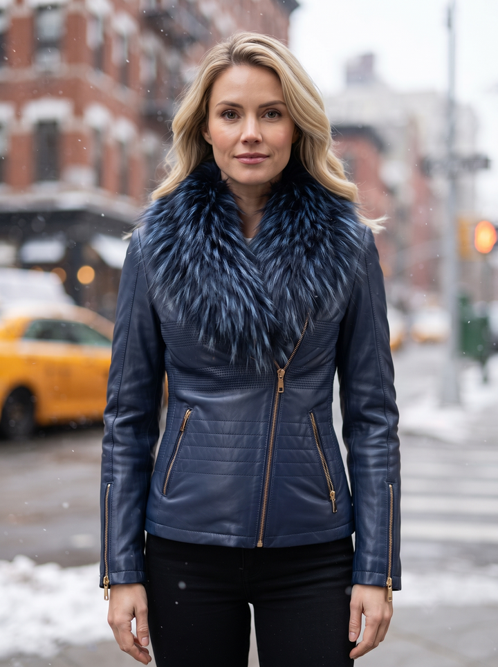 Jasmine Women Blue Leather Jacket With Fur Collar
