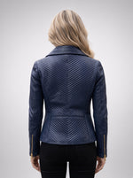Jasmine Women Blue Leather Jacket With Fur Collar