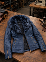 Jasmine Women Blue Leather Jacket With Fur Collar