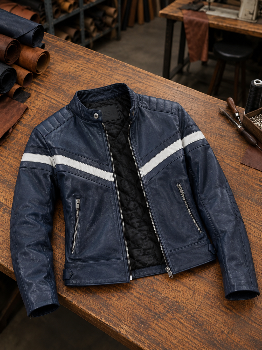 Jennifer Women Blue Stylish Biker Leather Jacket