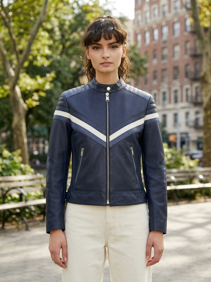 Jennifer Women Blue Stylish Biker Leather Jacket