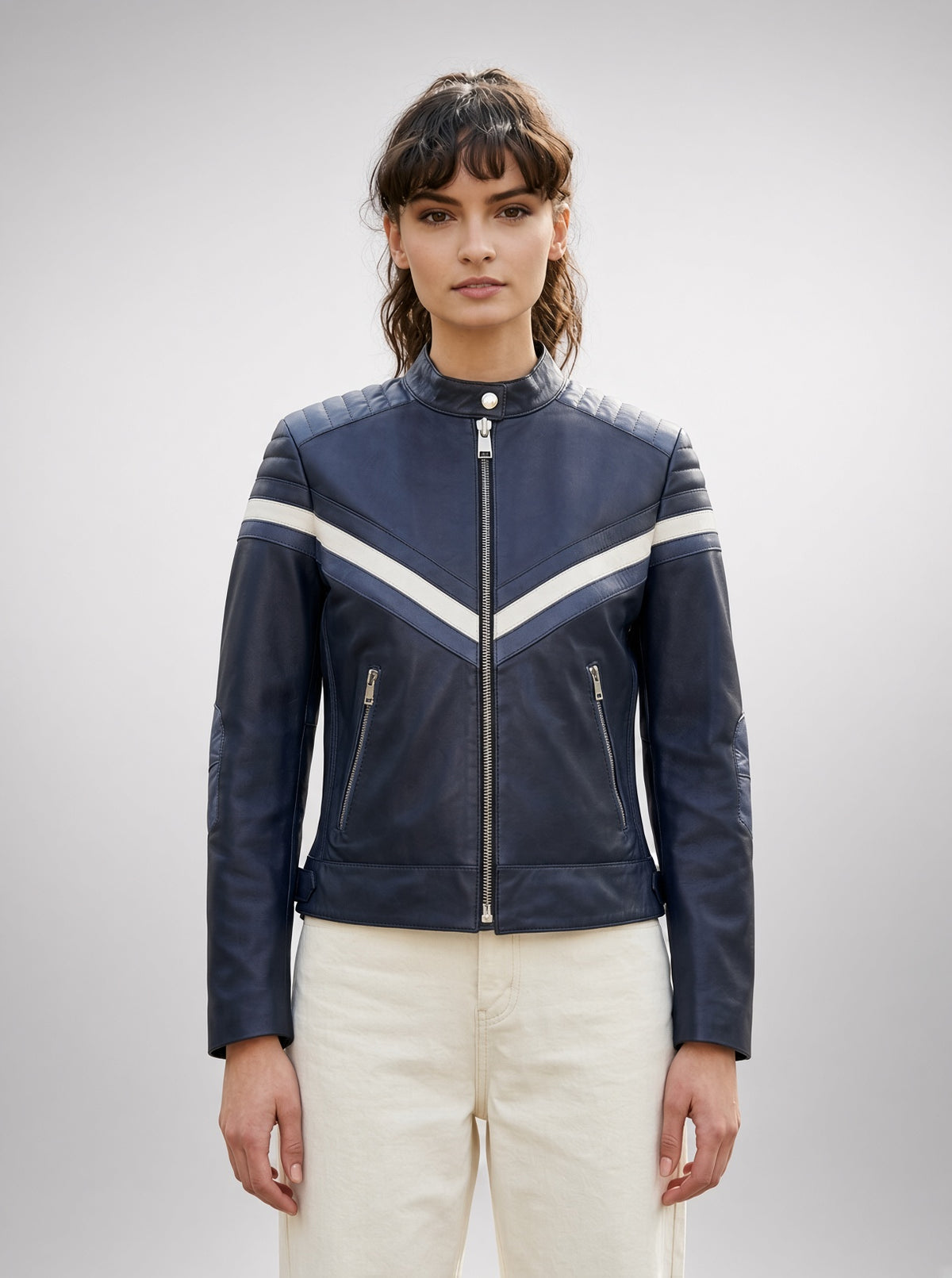 Jennifer Women Blue Stylish Biker Leather Jacket