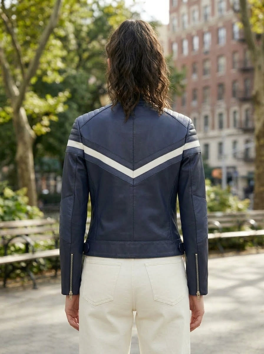 Jennifer Women Blue Stylish Biker Leather Jacket