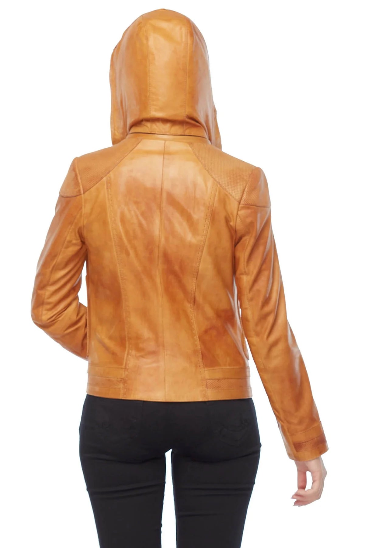 Belinda Orange Hoody Leather Jacket For Women