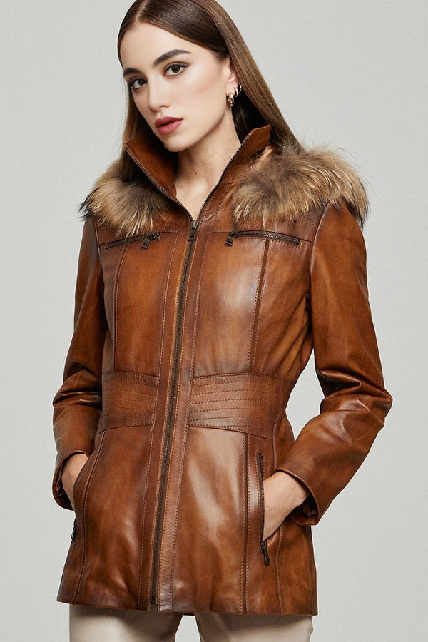 Barbara Waxed Brown Leather Coat for Women