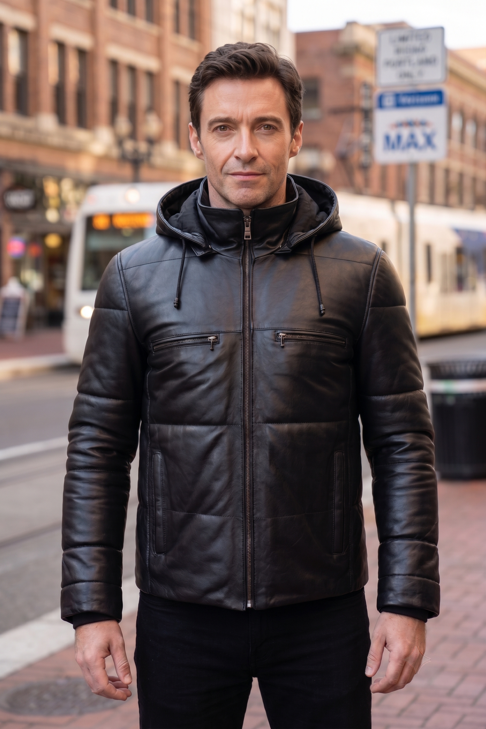 Joe Slim Fit Black Leather Jacket For Men With Hood