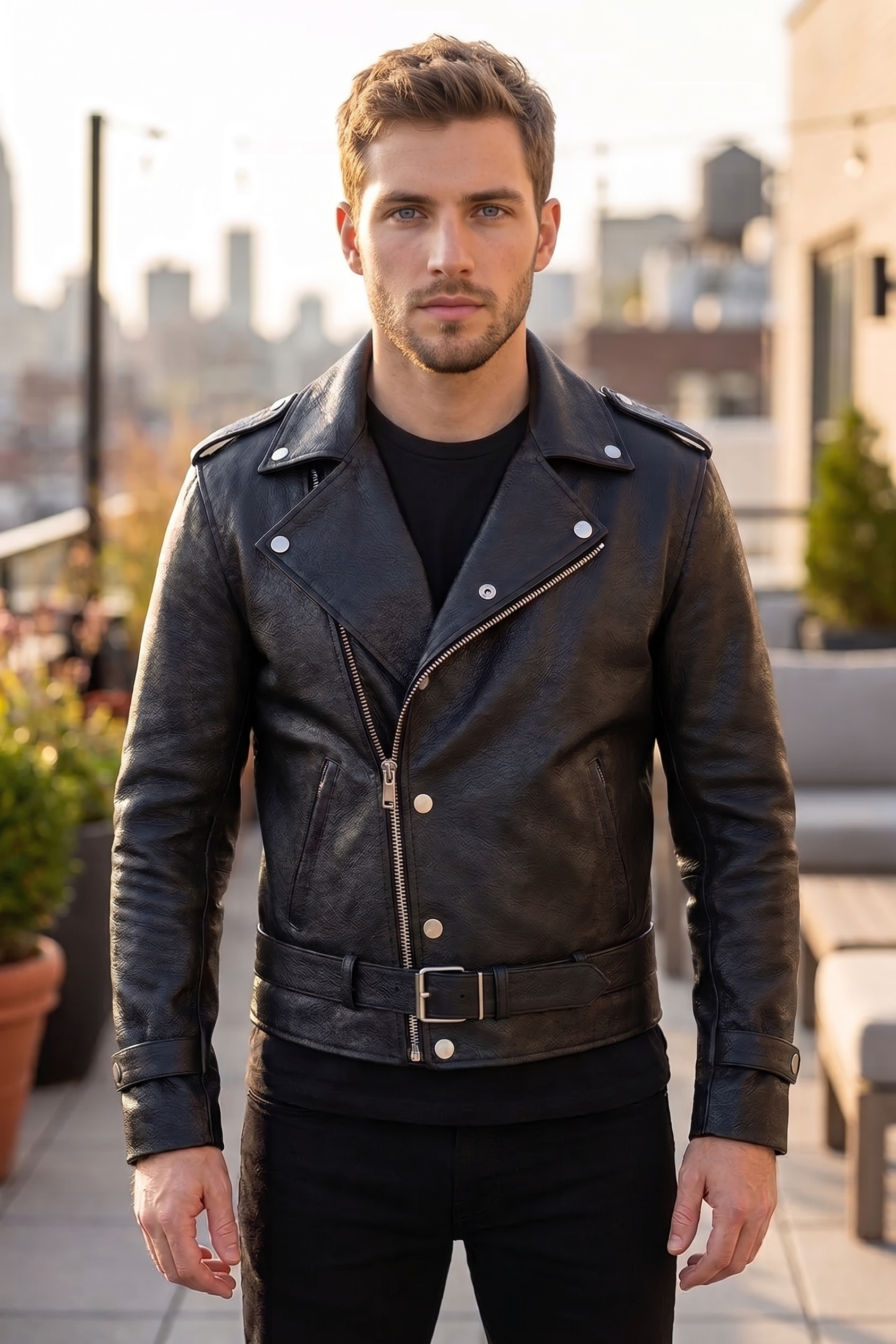 Joseph Black Leather Biker Style Jacket For Men