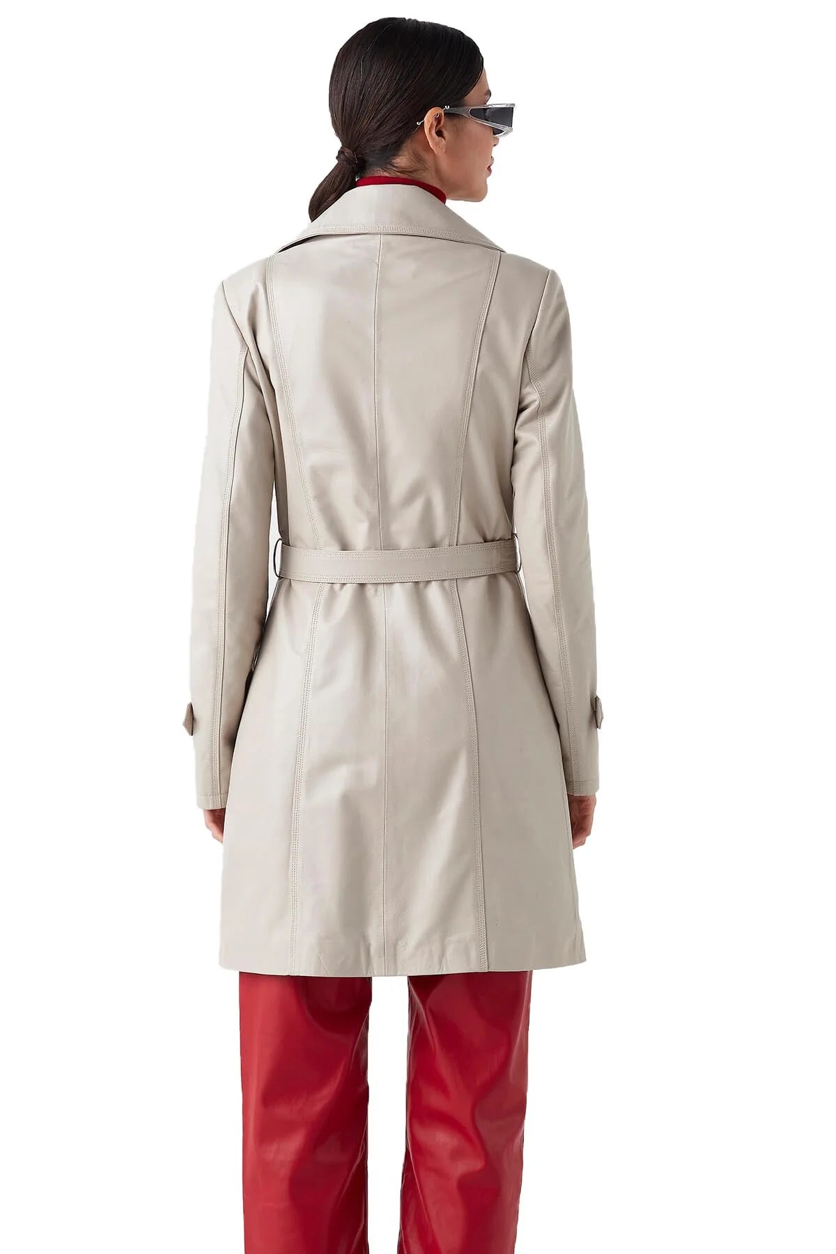 Women White High Collar Leather Coat
