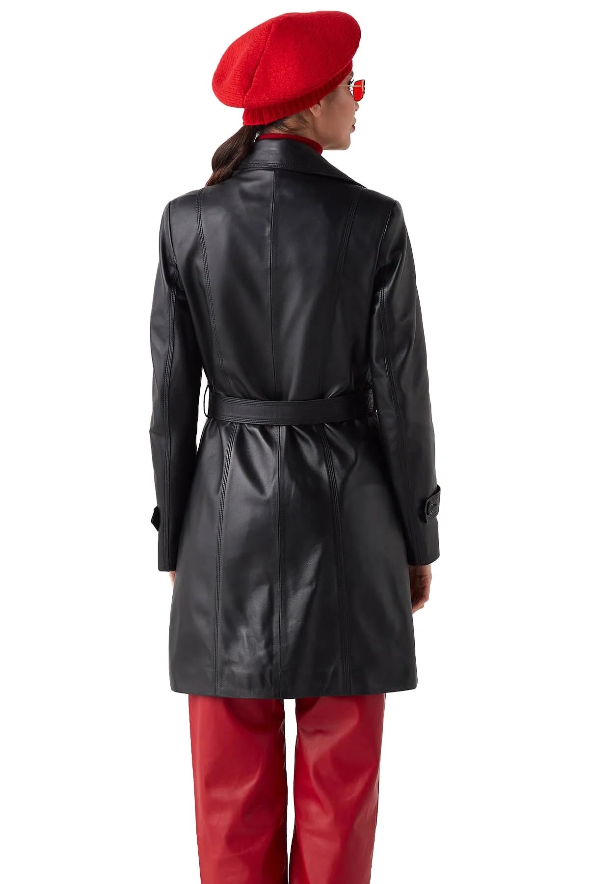 Maeve Black Center Belt Leather Coat For Women