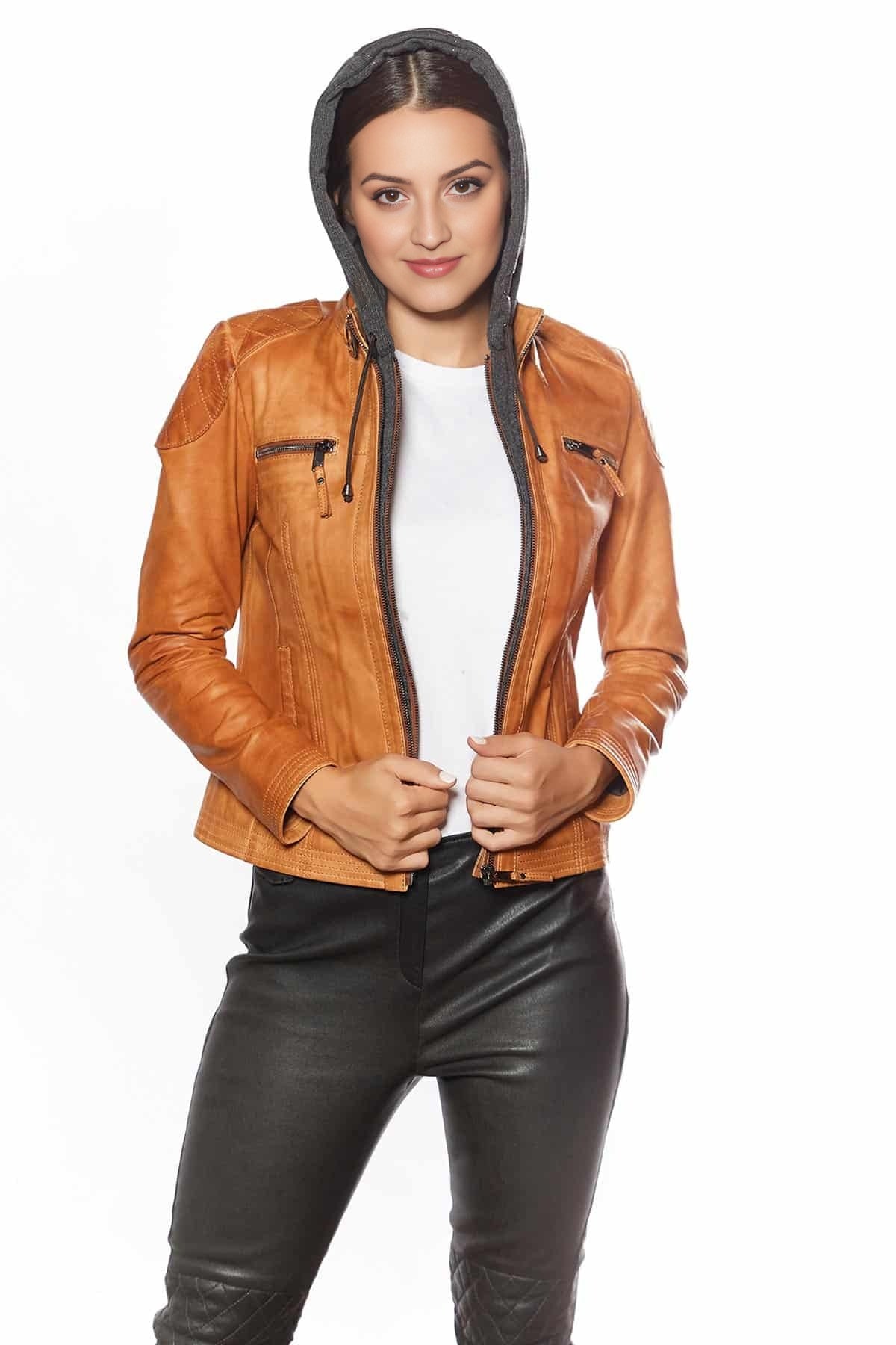 Katrina With Stylish Look Women Orange Leather Jacket With Hood