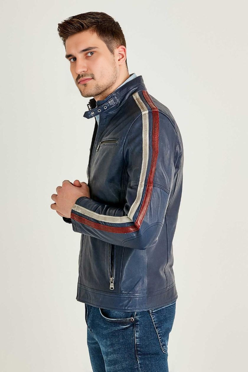 Daytona Blue Cafe Racer leather Jacket For Men