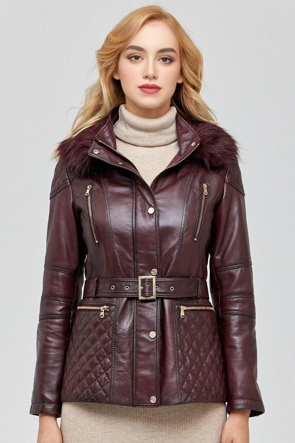 Flamboyant Brown Leather Jacket With Fur Hood And Center Belt For Women