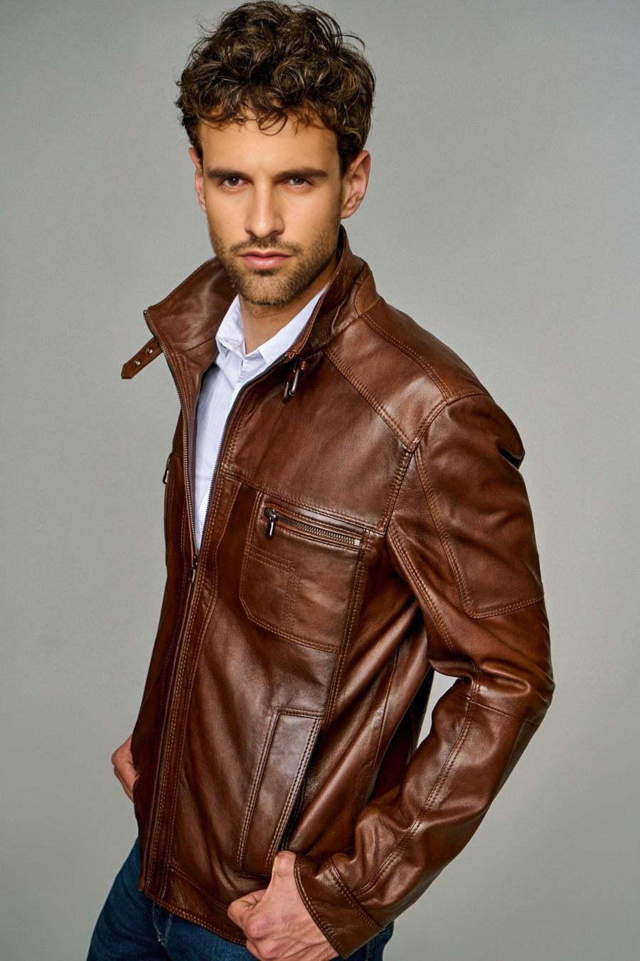 Brown Distressed High Collar Leather Jacket For Men