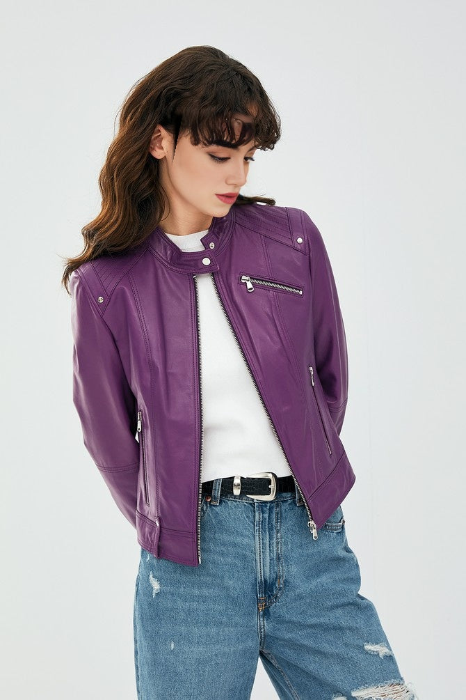Purple Stylish Motor Bike Leather Jacket For Women