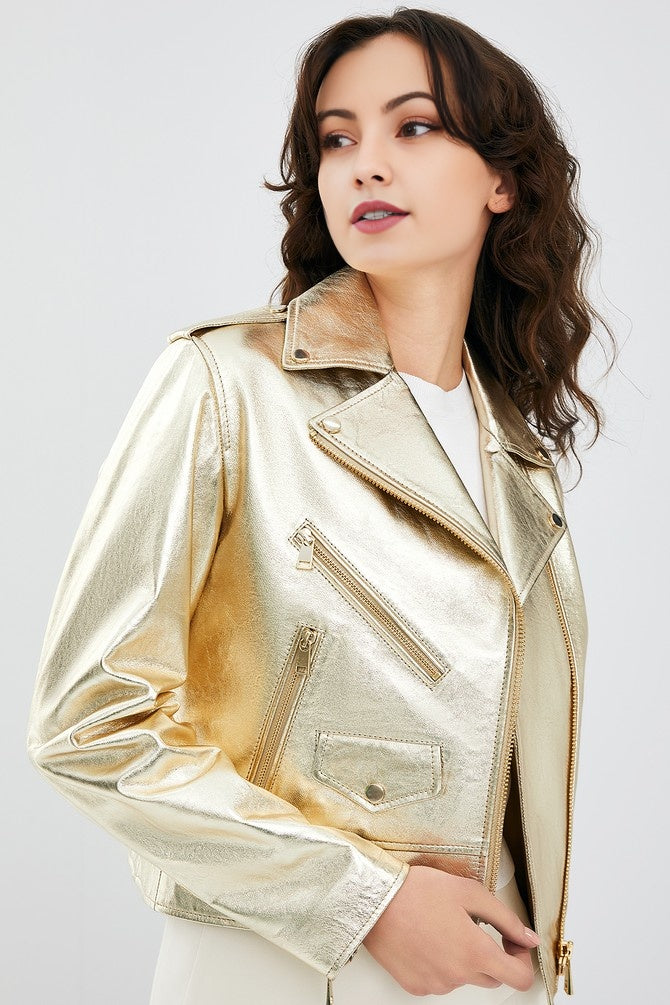 Lady Brando Golden Biker Leather Jacket