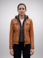 Katrina With Stylish Look Women Orange Leather Jacket With Hood