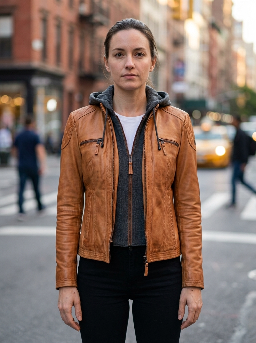 Katrina With Stylish Look Women Orange Leather Jacket With Hood