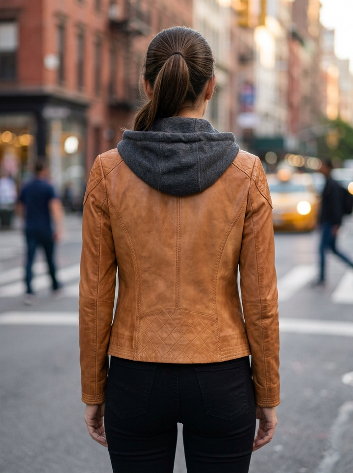 Katrina With Stylish Look Women Orange Leather Jacket With Hood