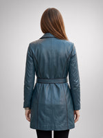Kaylee Women Blue Waxed leather Coat With Center Belt