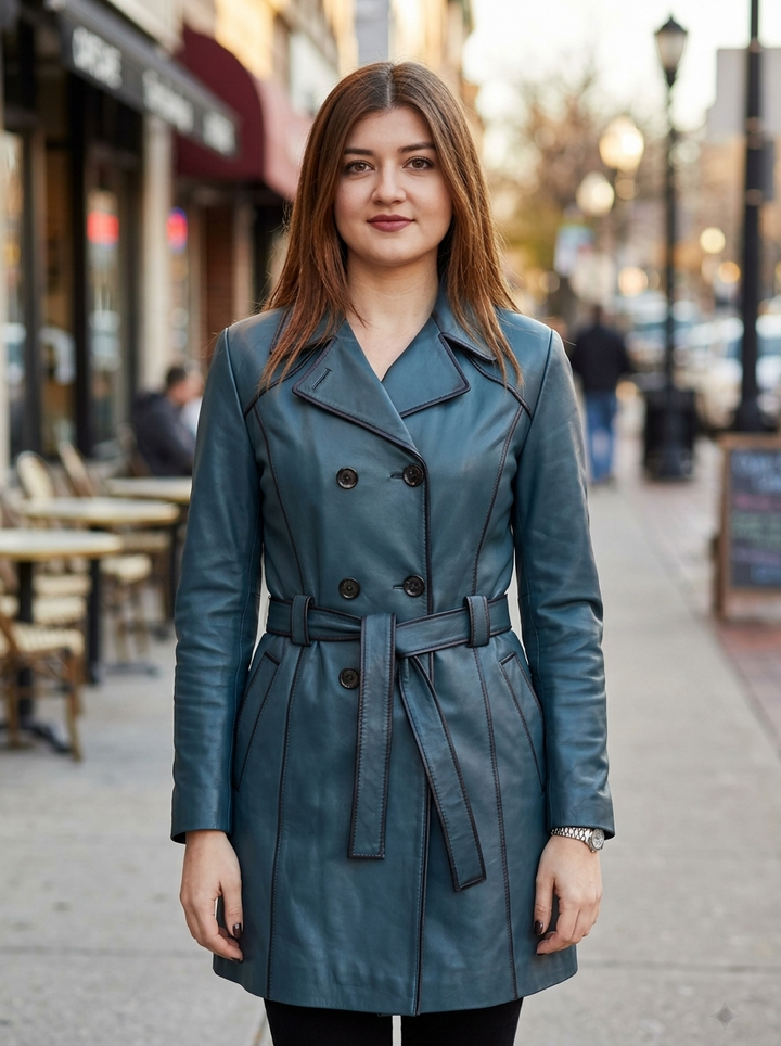 Kaylee Women Blue Waxed leather Coat With Center Belt