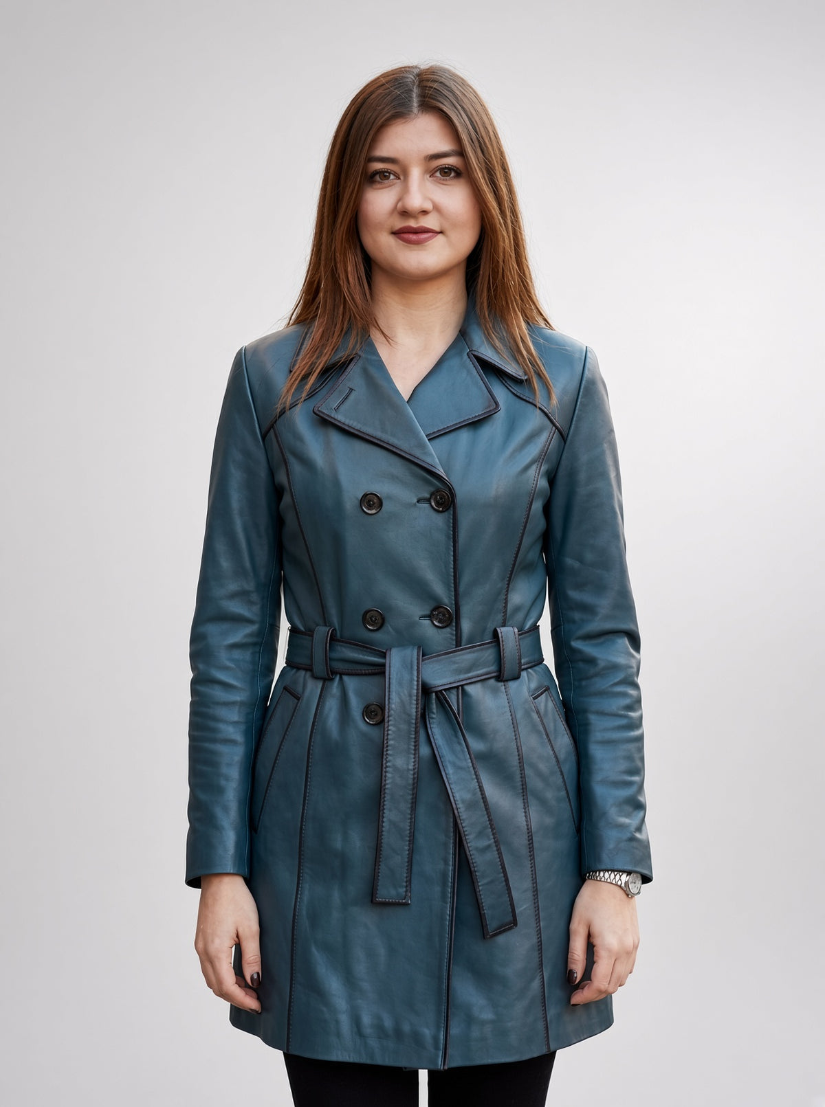 Kaylee Women Blue Waxed leather Coat With Center Belt