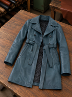 Kaylee Women Blue Waxed leather Coat With Center Belt