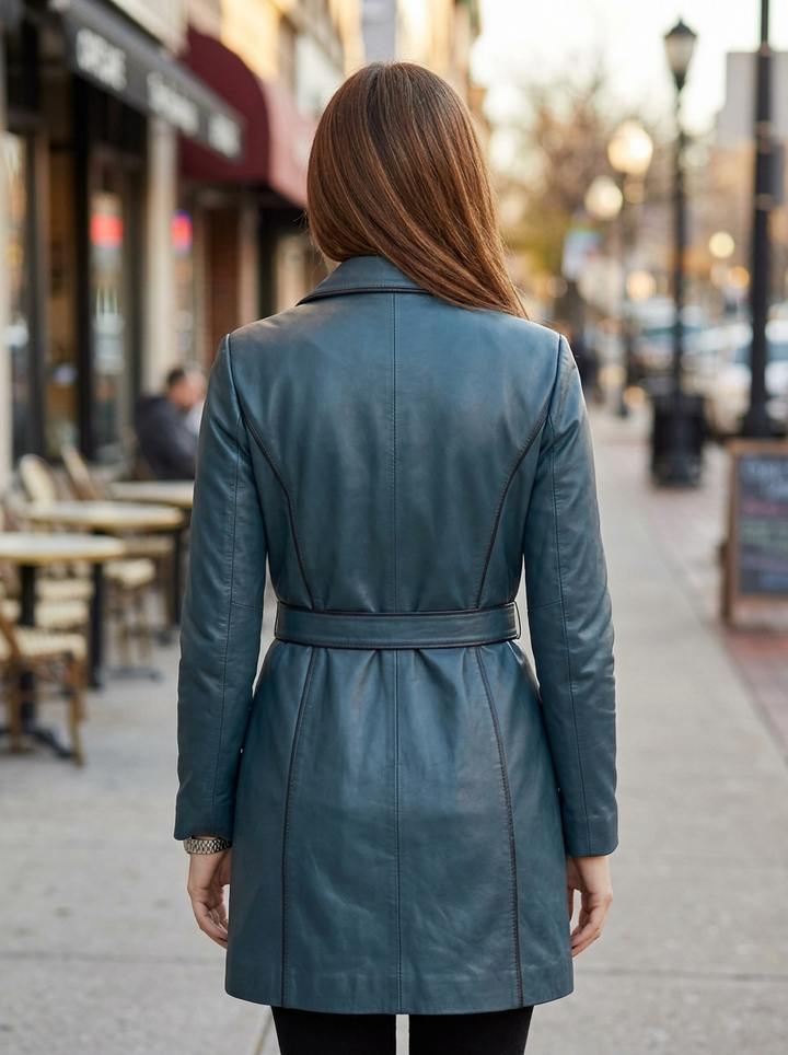 Kaylee Women Blue Waxed leather Coat With Center Belt