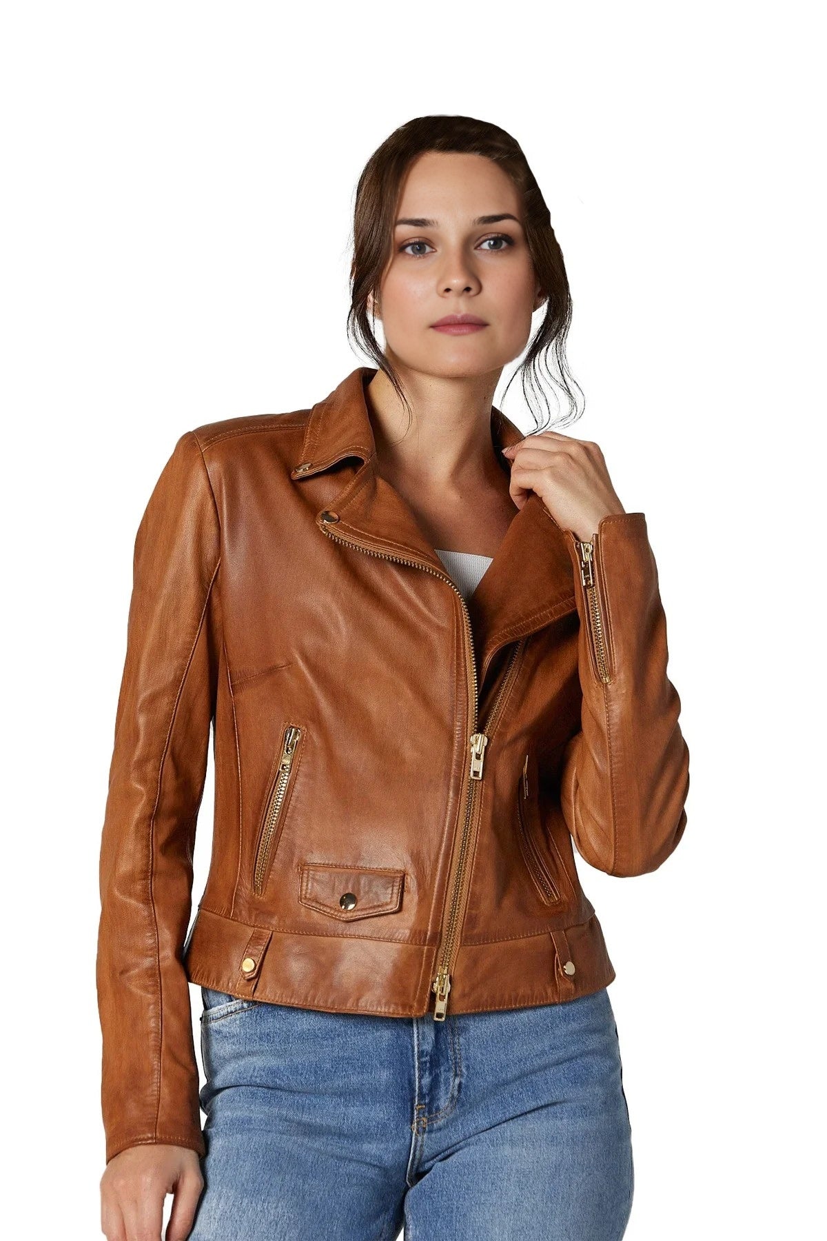 Roxanne Brown Stylish Collar Leather Jacket For Women