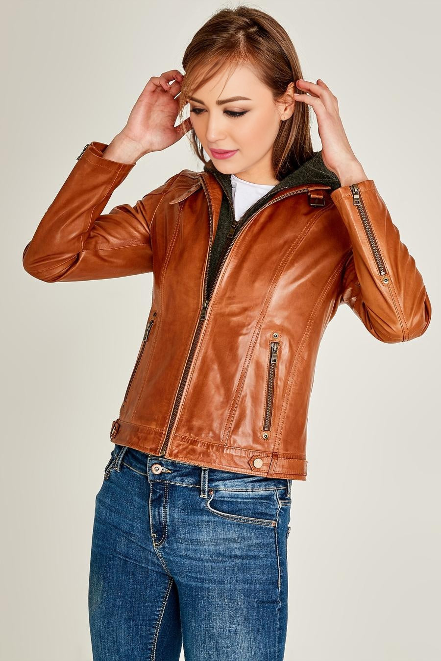 Vegas Stylish Brown Leather Hoodie Jacket For Women