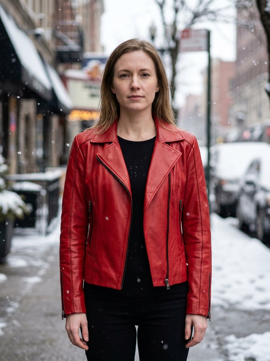 Kiara Women’s Slim-Fit Red Biker Leather Jacket
