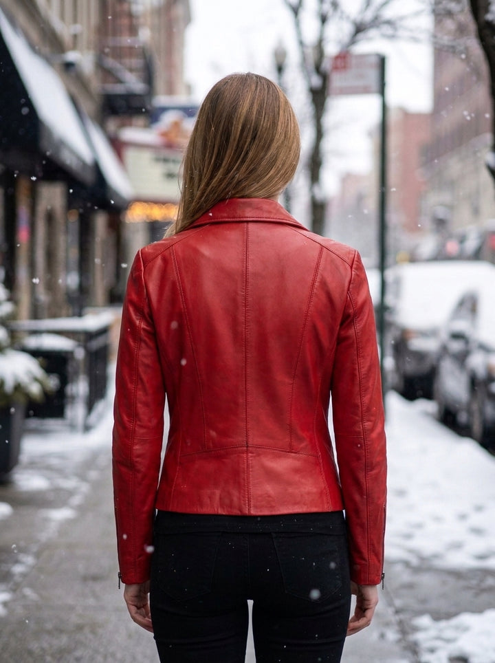 Kiara Women’s Slim-Fit Red Biker Leather Jacket