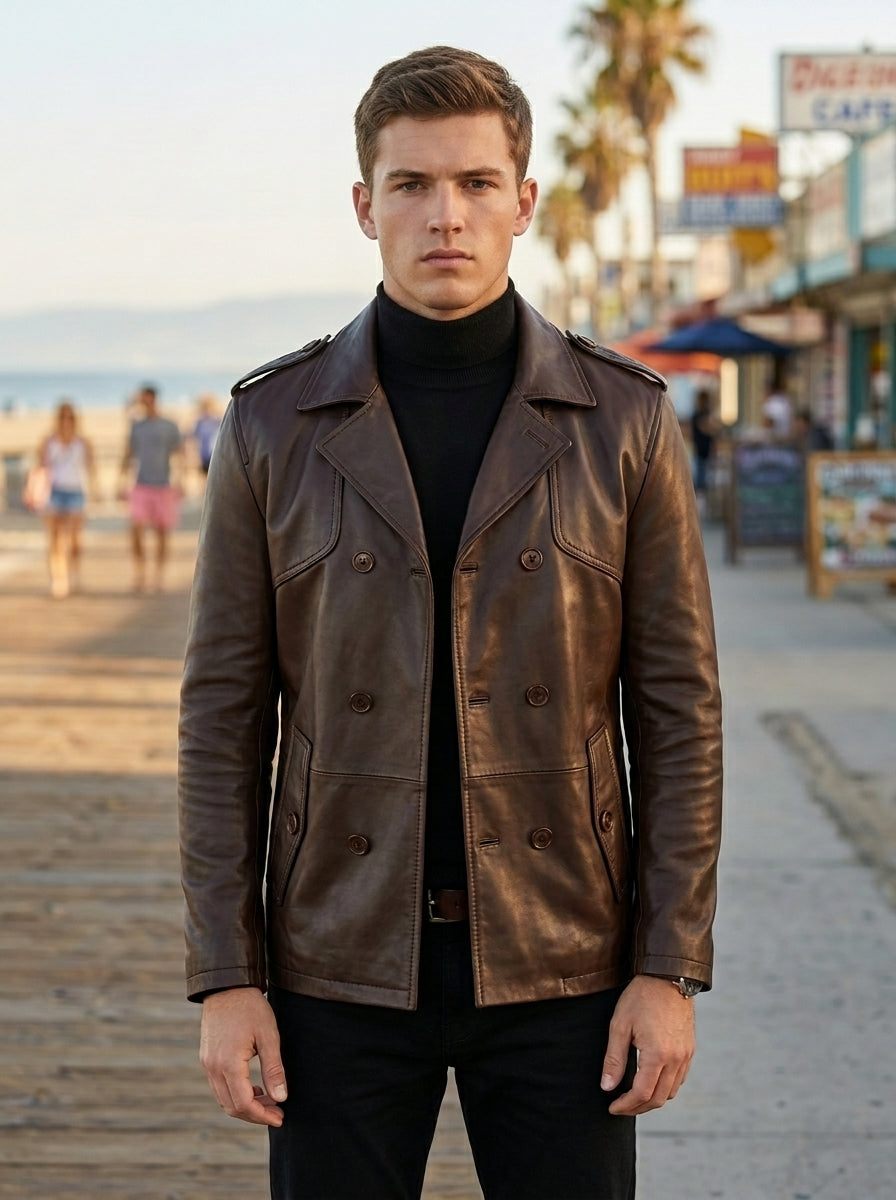 Kingston Brown High Collar Leather Jacket For Men
