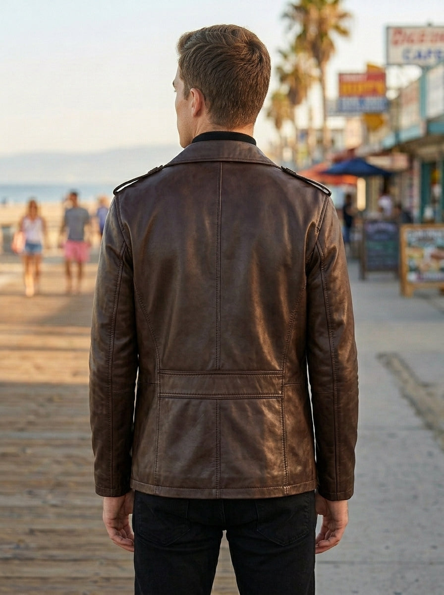 Kingston Brown High Collar Leather Jacket For Men