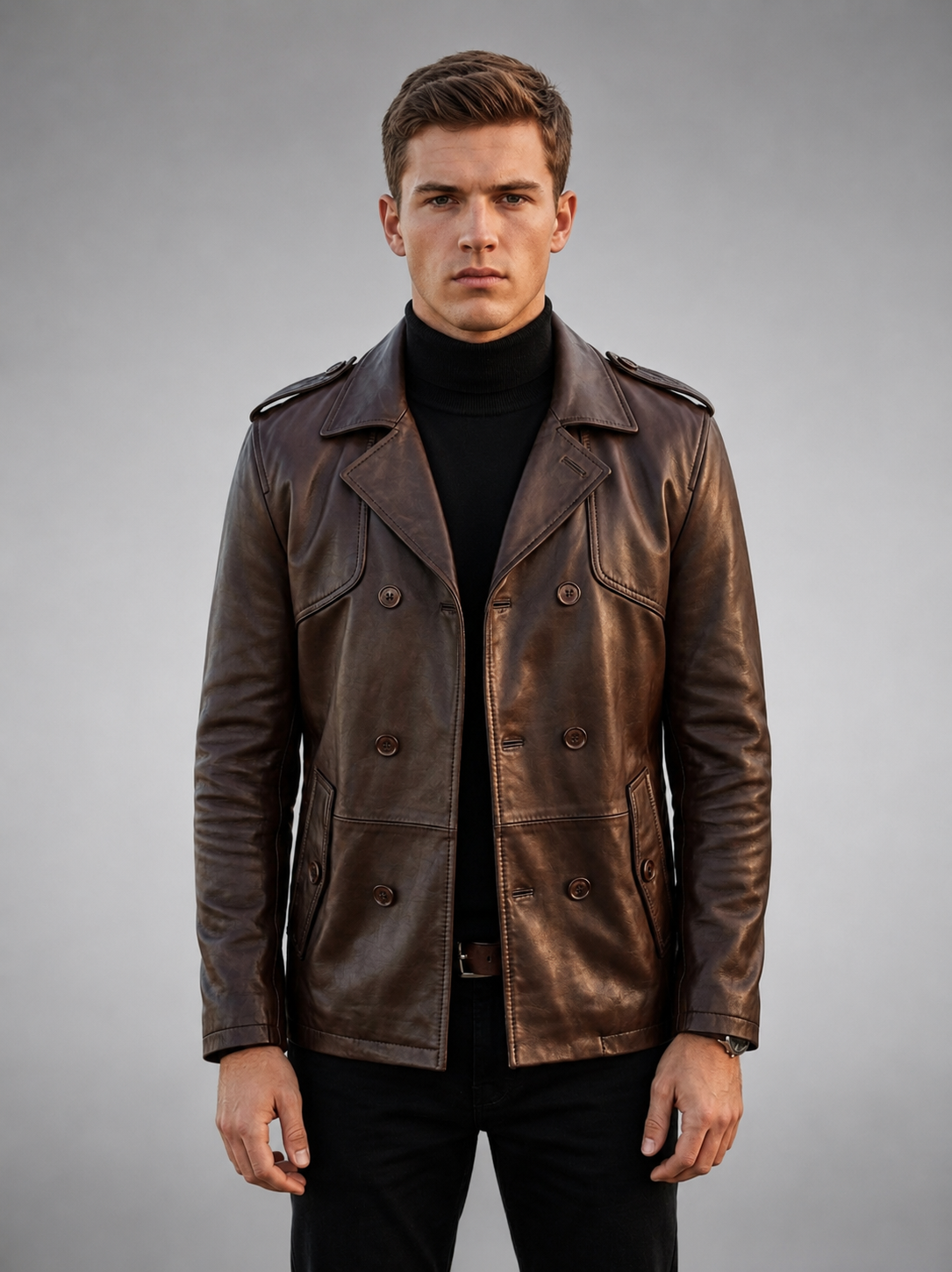 Kingston Brown High Collar Leather Jacket For Men