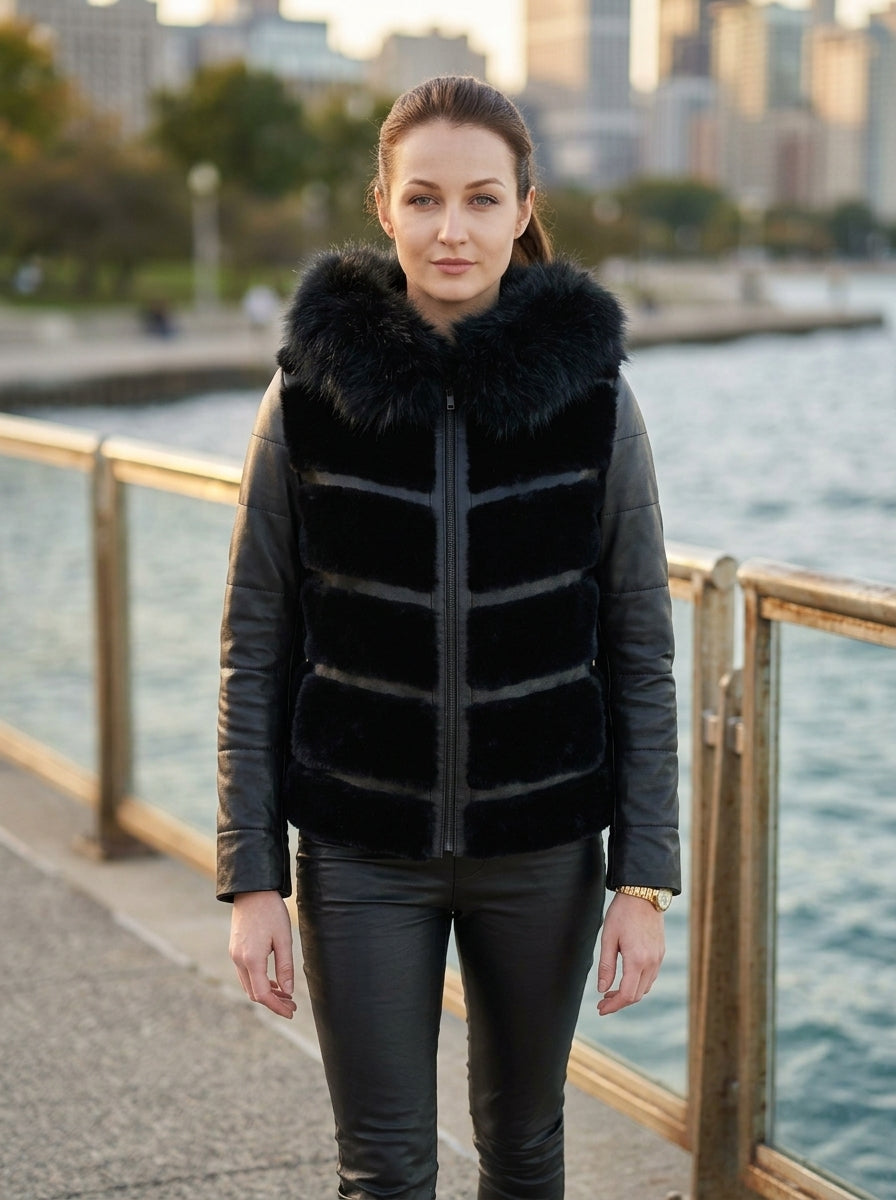 Kinsley Black Women Front Fur Leather Jacket With Hood