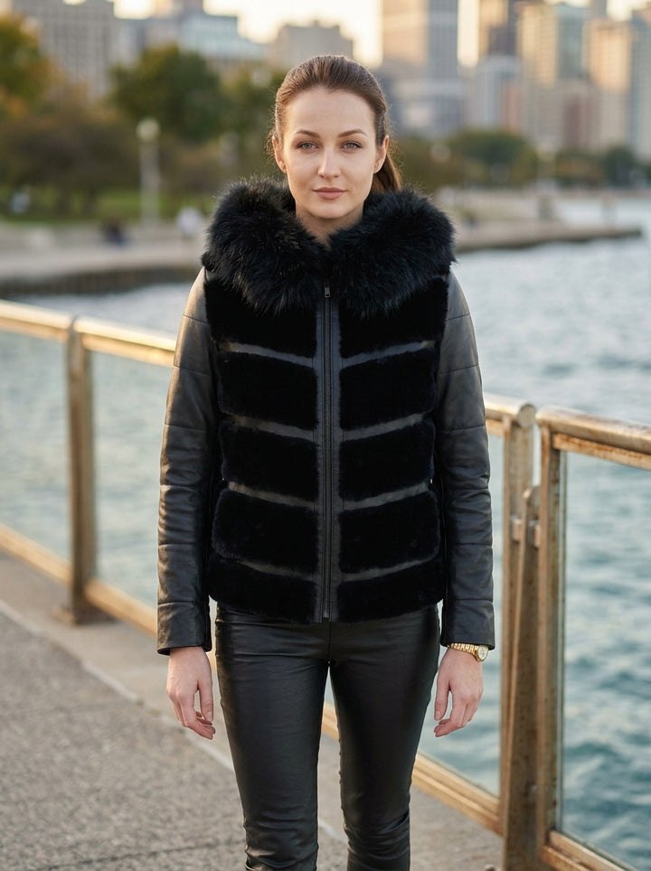 Kinsley Black Women Front Fur Leather Jacket With Hood