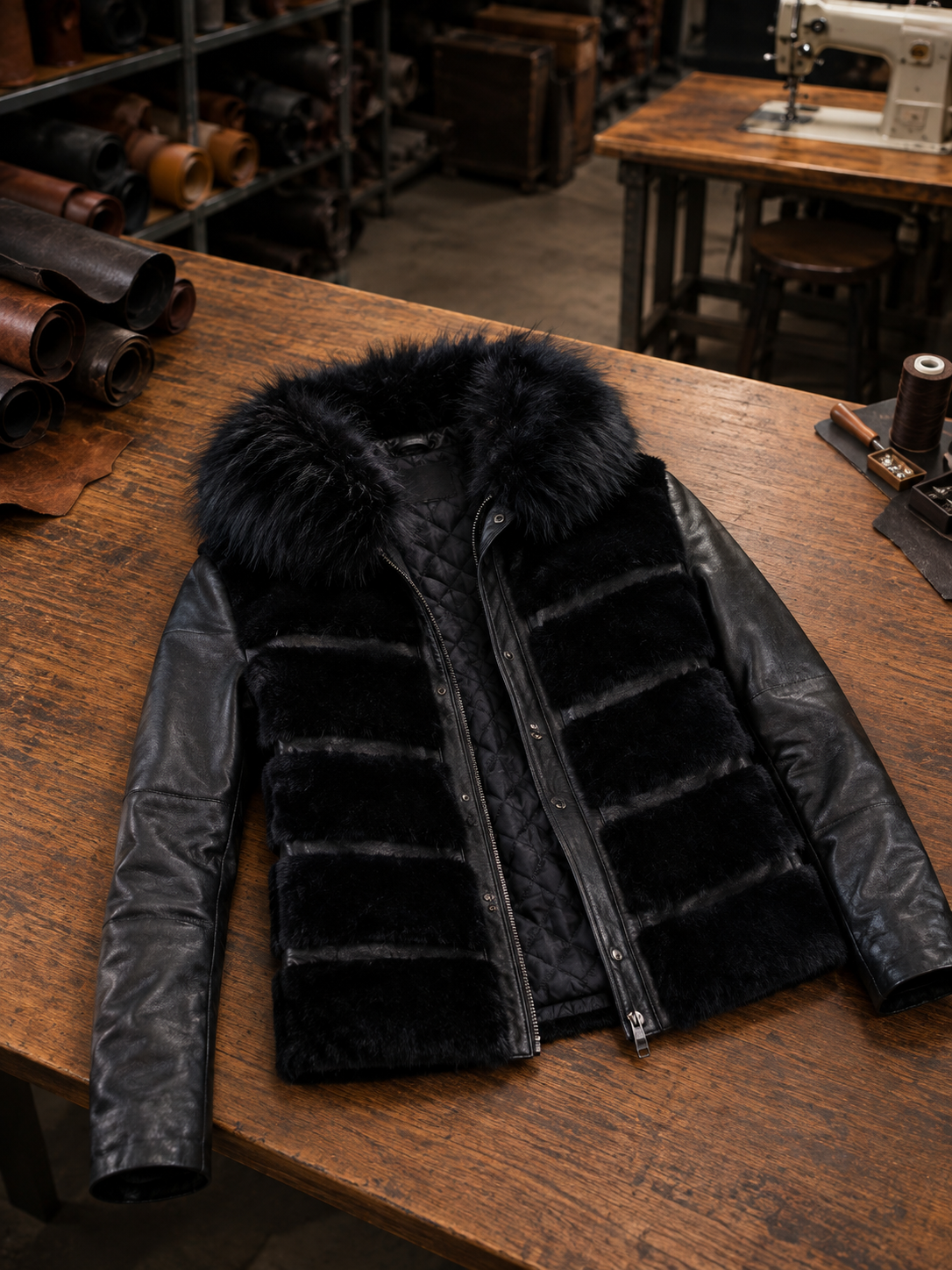Kinsley Black Women Front Fur Leather Jacket With Hood