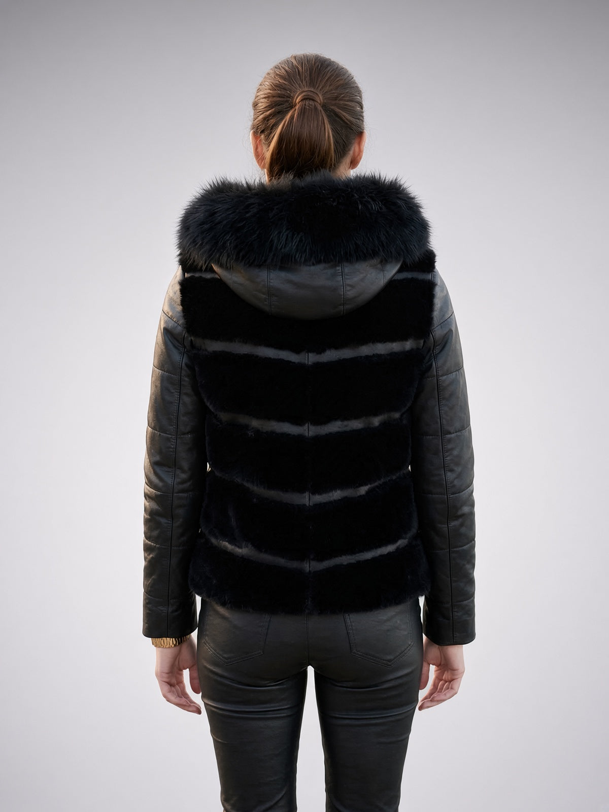 Kinsley Black Women Front Fur Leather Jacket With Hood
