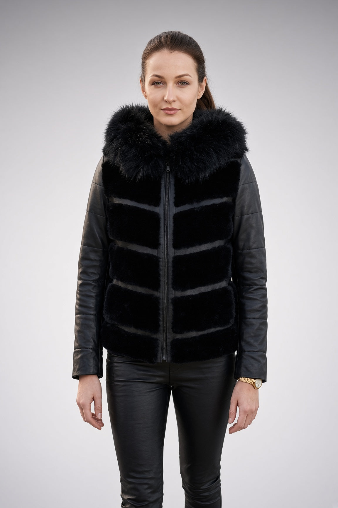 Kinsley Black Women Front Fur Leather Jacket With Hood
