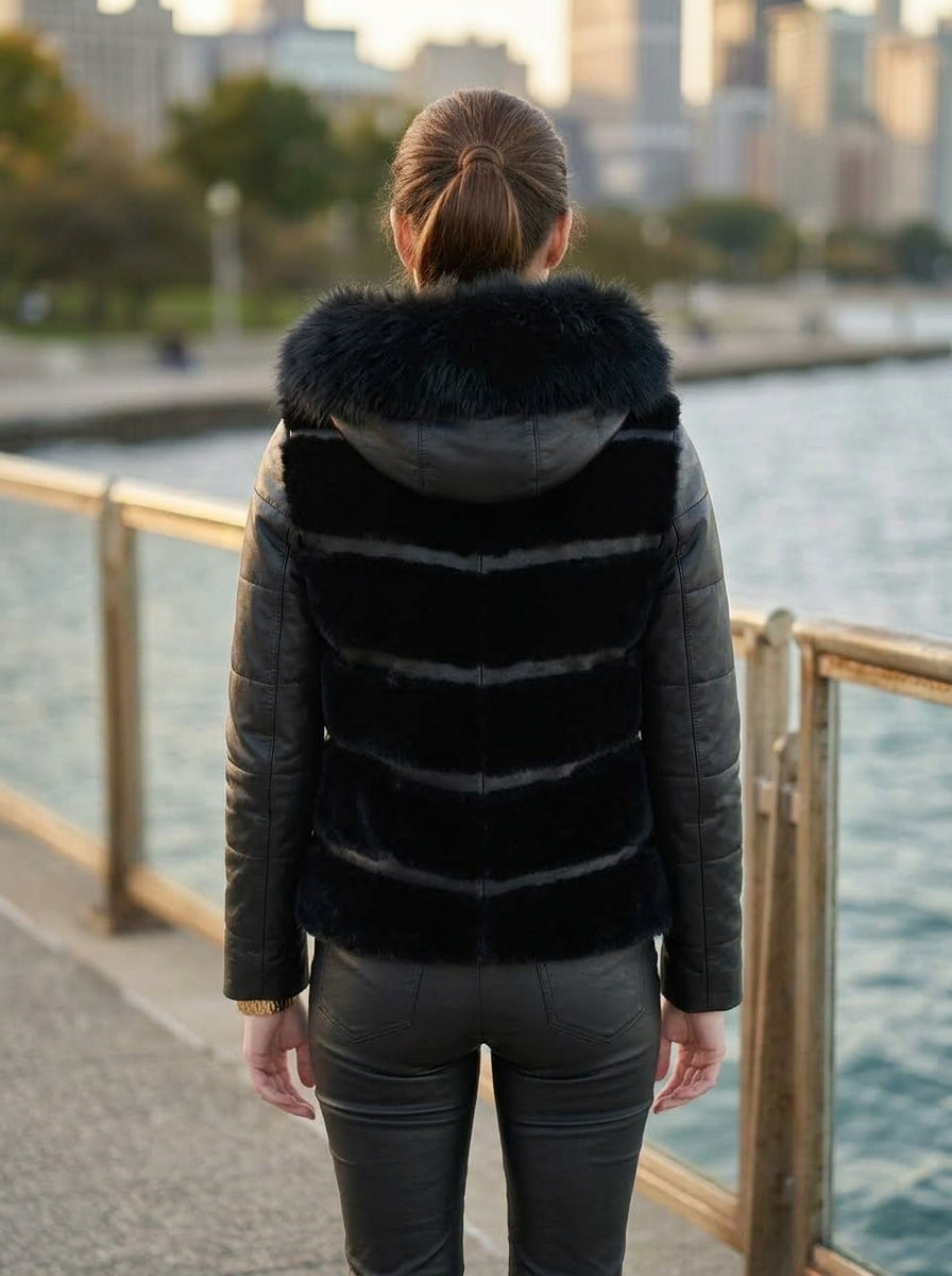 Kinsley Black Women Front Fur Leather Jacket With Hood