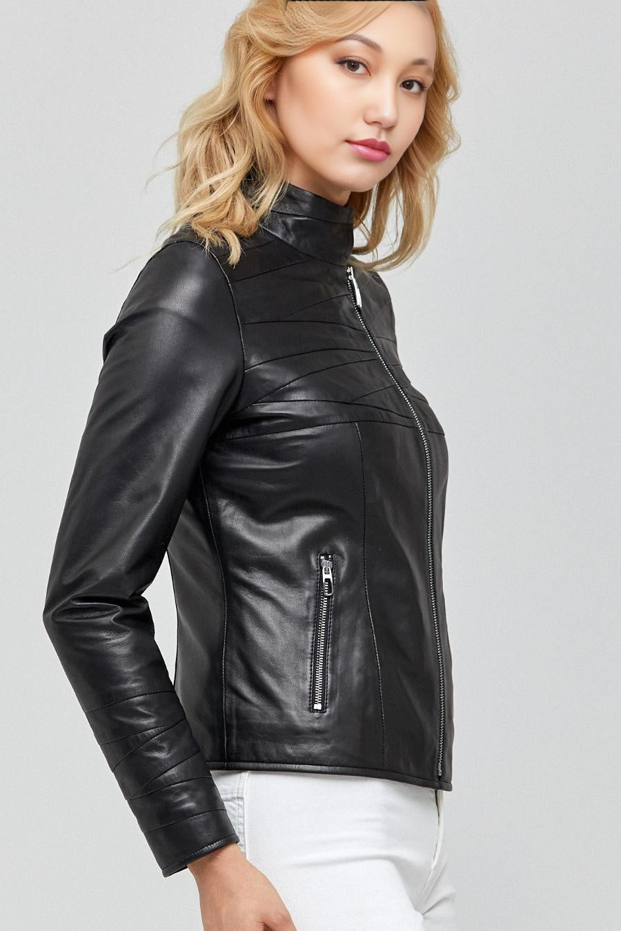 Diagonally Plated Black Leather Jacket For Women