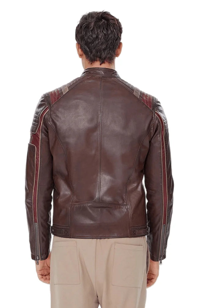 Harrison Men's Brown Leather Jacket With Red Stripe