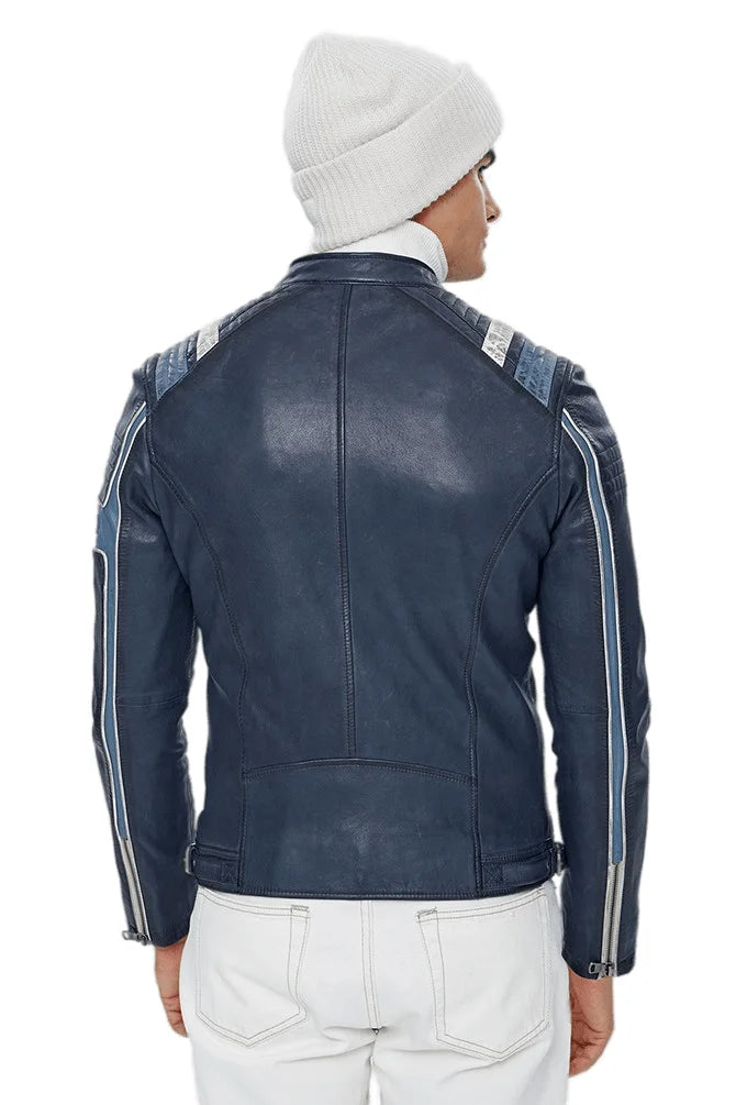 Lewis Navy Blue Leather Jacket For Men