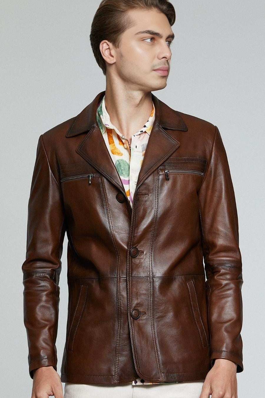 Distressed Dark Brown Leather Jacket For Men